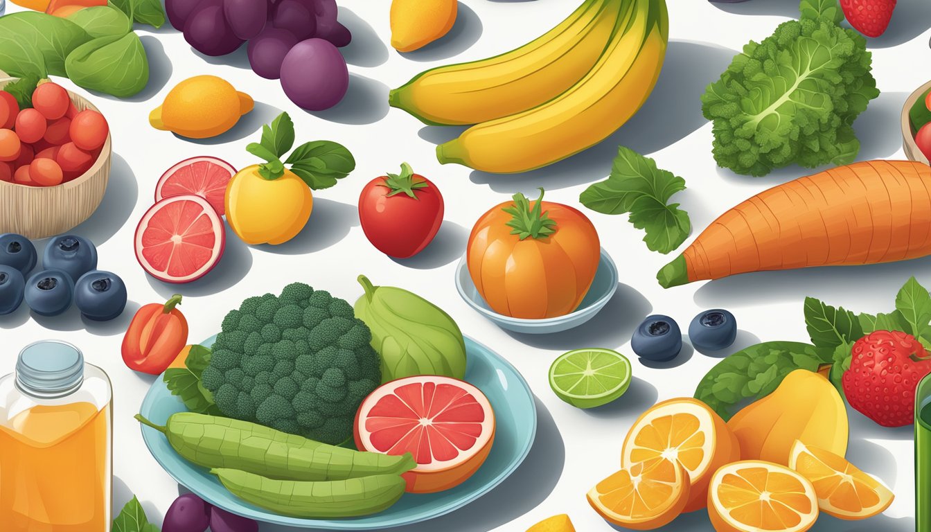 A variety of colorful fruits, vegetables, and vitamin supplements arranged on a table, with a focus on key nutrients for healthy hair growth