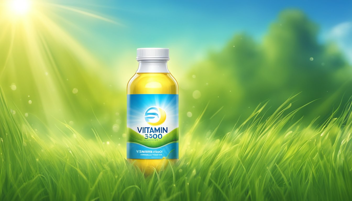 A bottle of vitamin D 5000 IU surrounded by rays of sunlight, with a backdrop of a blue sky and green grass