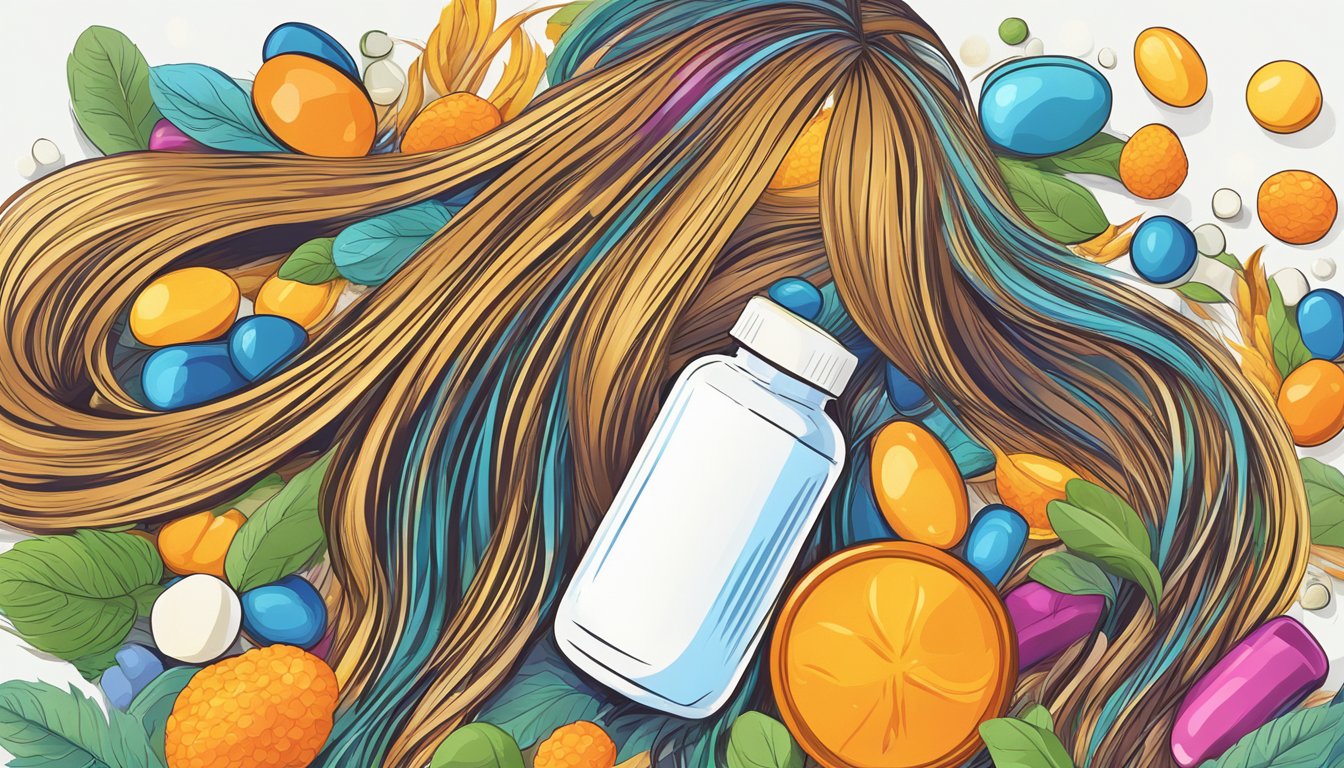 A bottle of vitamin supplements surrounded by vibrant, healthy-looking hair strands