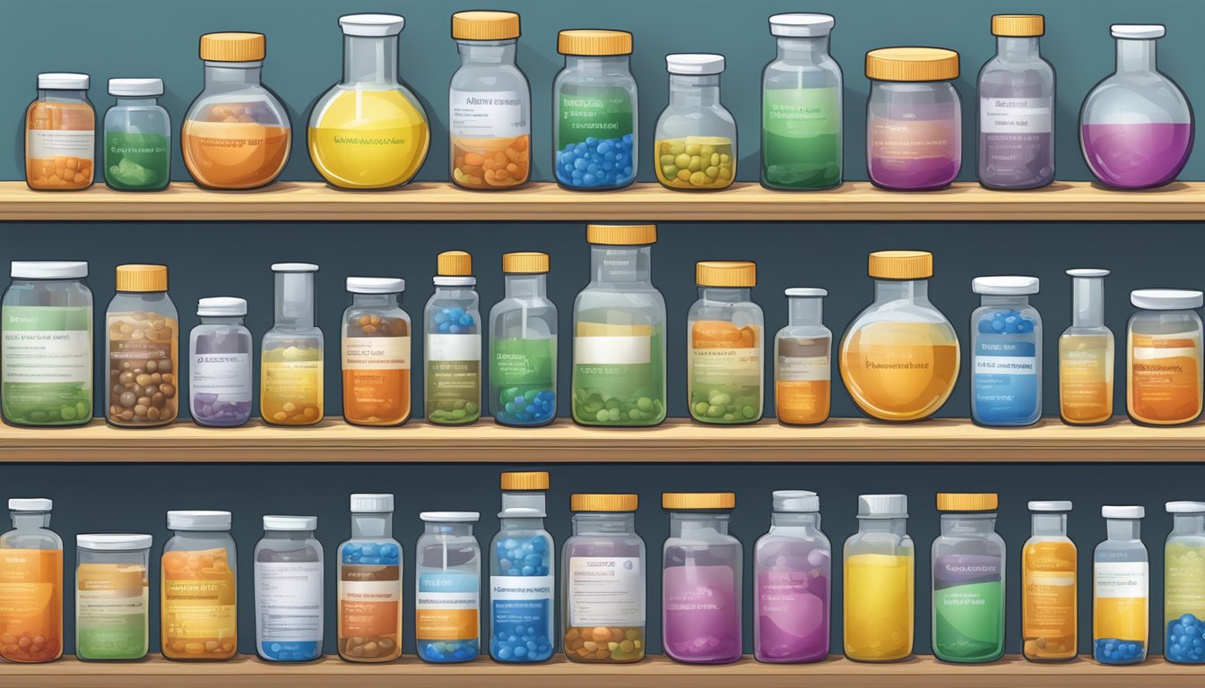 A laboratory setting with various vitamin supplements and warning labels, illustrating potential dangers and safe usage