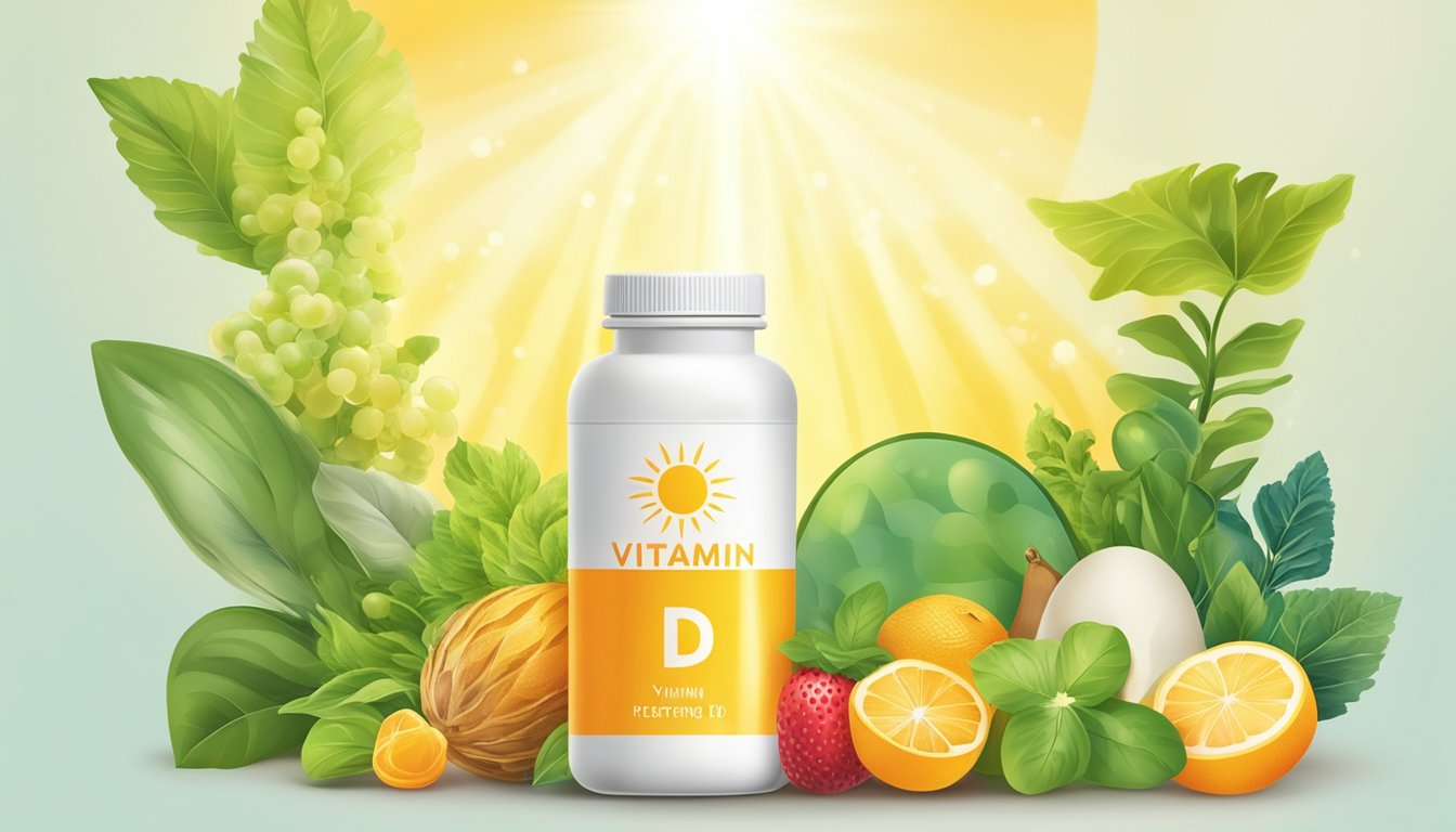 A bright sunburst shining down on a bottle of vitamin D supplements, surrounded by healthy, vibrant plants and fruits