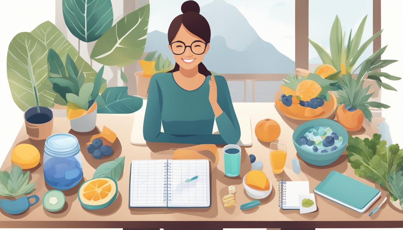 A wellness entrepreneur surrounded by a variety of morning routine items such as a yoga mat, healthy breakfast foods, a planner, and a water bottle