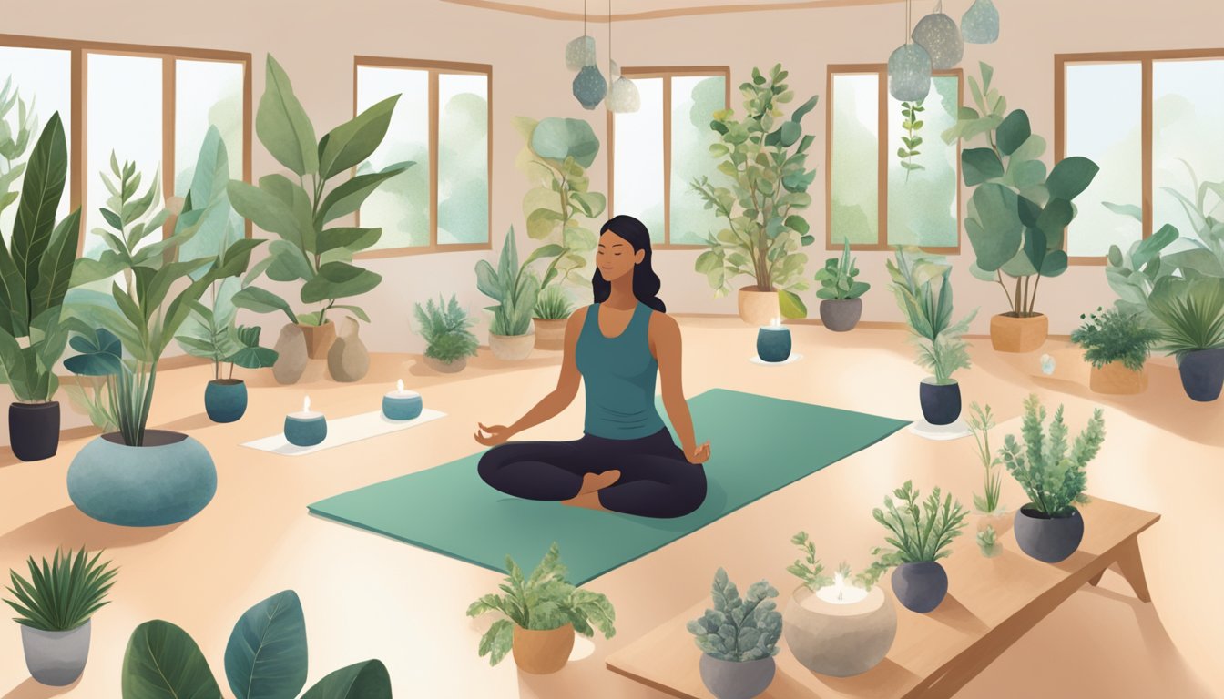 A serene yoga studio filled with plants, crystals, and essential oils. A wellness entrepreneur answering FAQs from a diverse group of clients