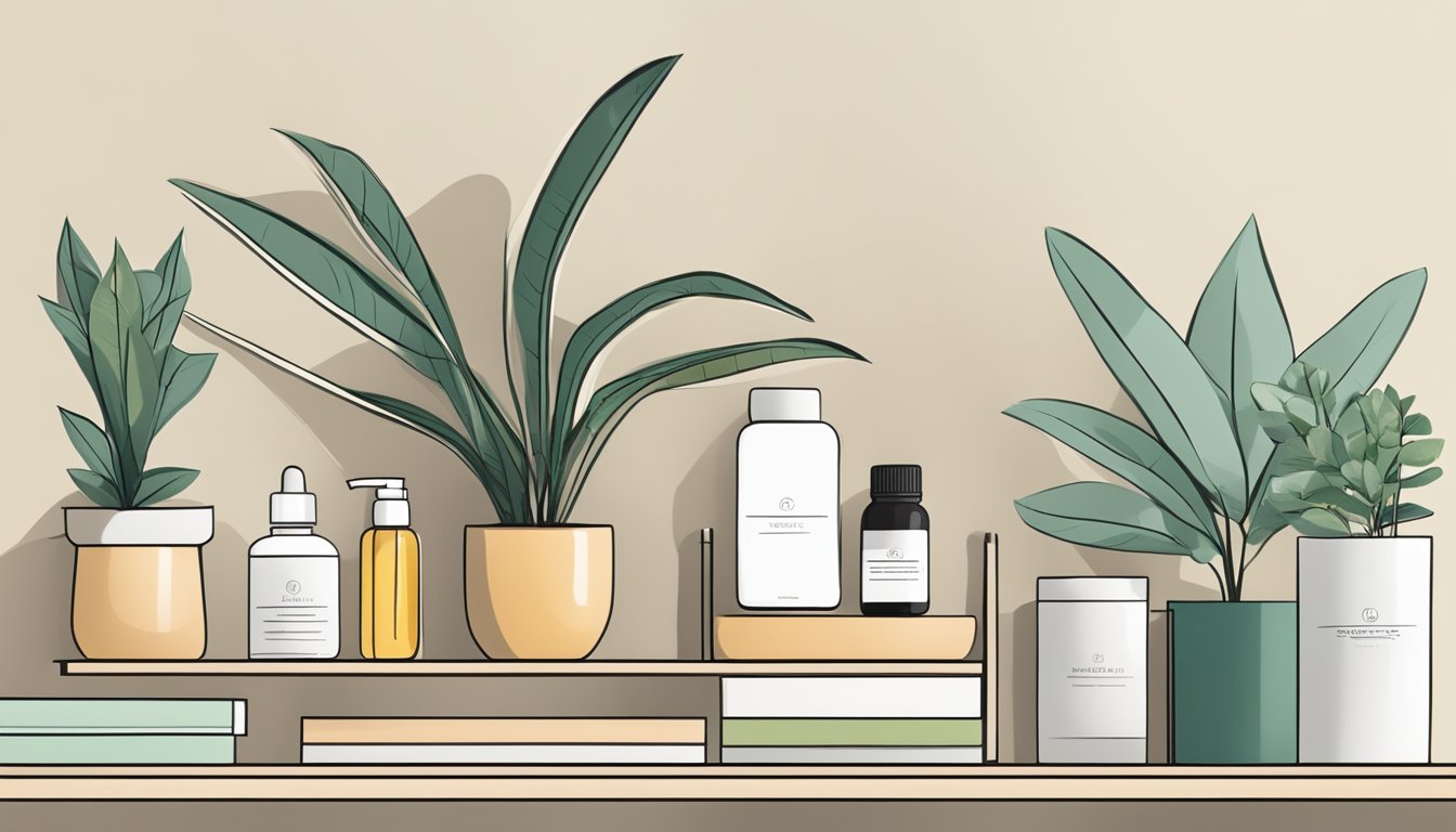 A collection of wellness products arranged on a clean, modern shelf. A plant and a diffuser add a calming touch to the scene