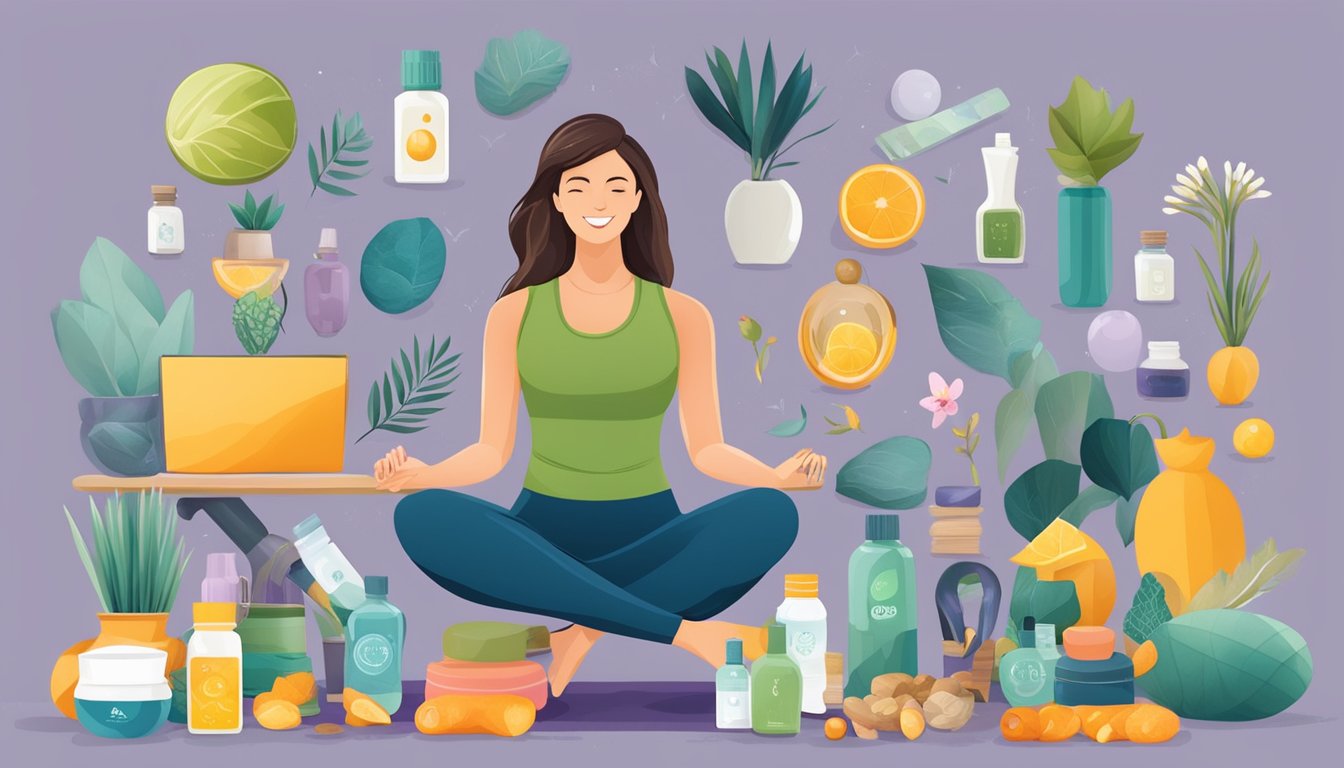 A wellness entrepreneur surrounded by various wellness-related items and tools, such as yoga mats, essential oils, healthy food, and workout gear