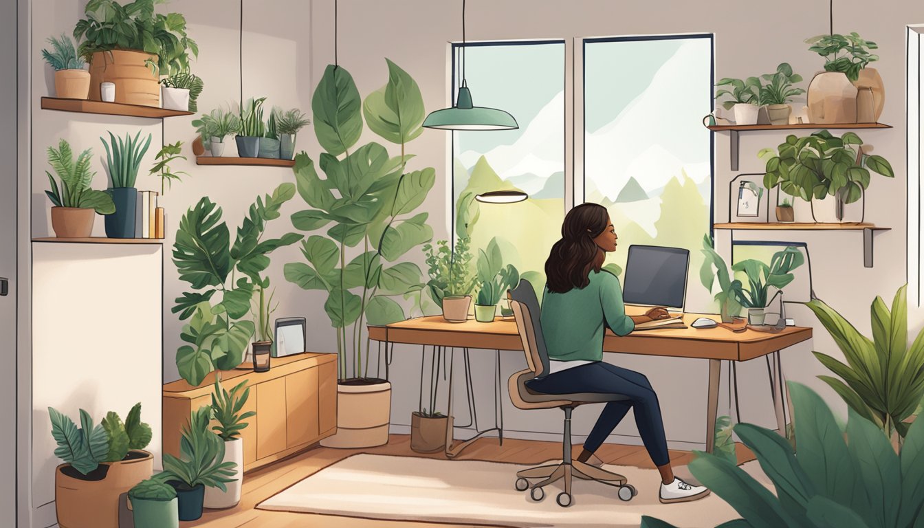 A wellness entrepreneur answering client questions in a cozy, plant-filled office space