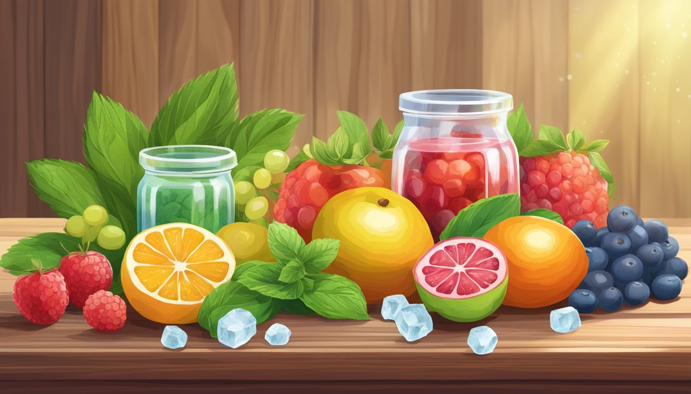 A colorful array of fruits, stevia leaves, and xylitol crystals arranged on a wooden table, surrounded by natural light