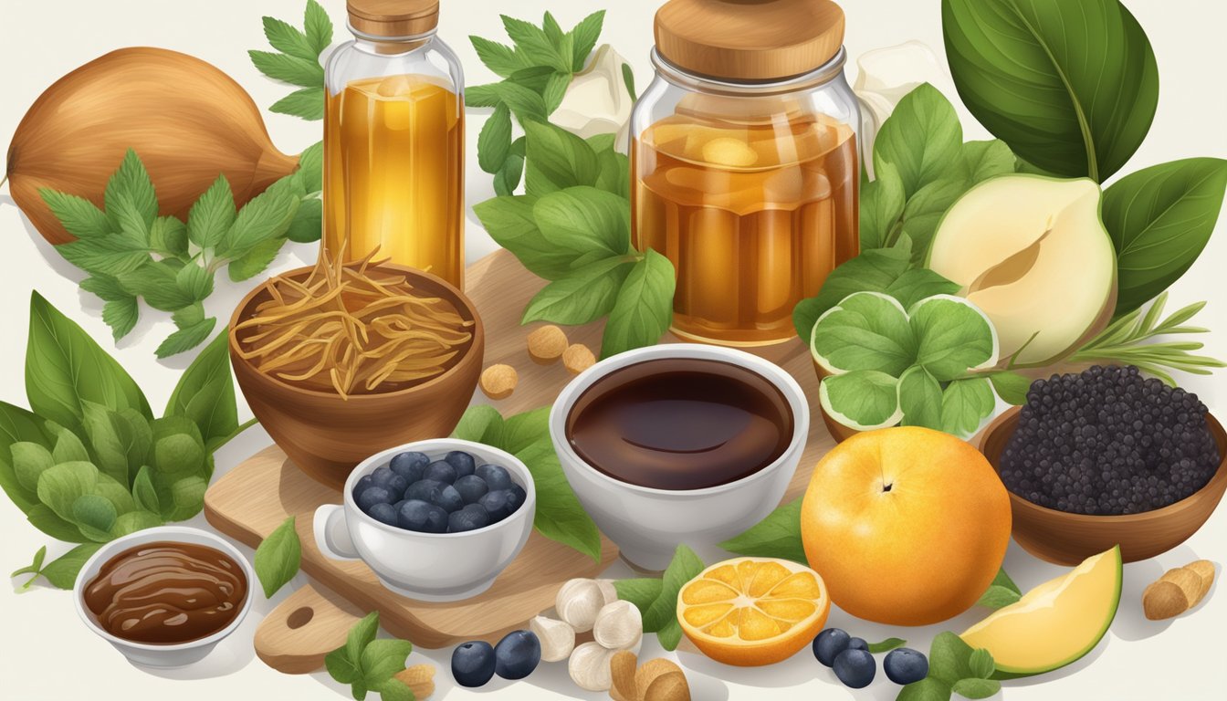 A table with a variety of natural sweeteners, including yacon syrup, surrounded by fresh fruits and herbs