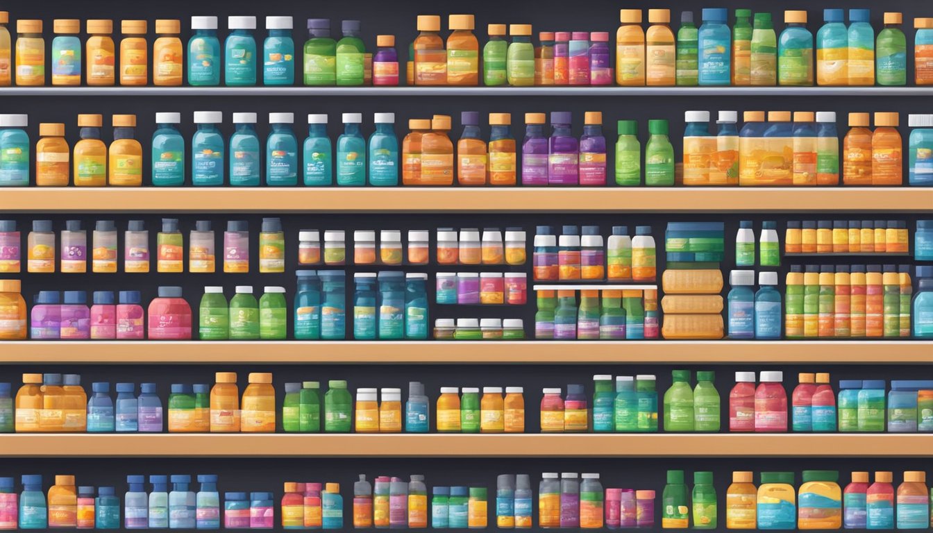 A colorful display of various vitamin and supplement bottles arranged neatly on shelves at Walmart, with affordable price tags clearly visible