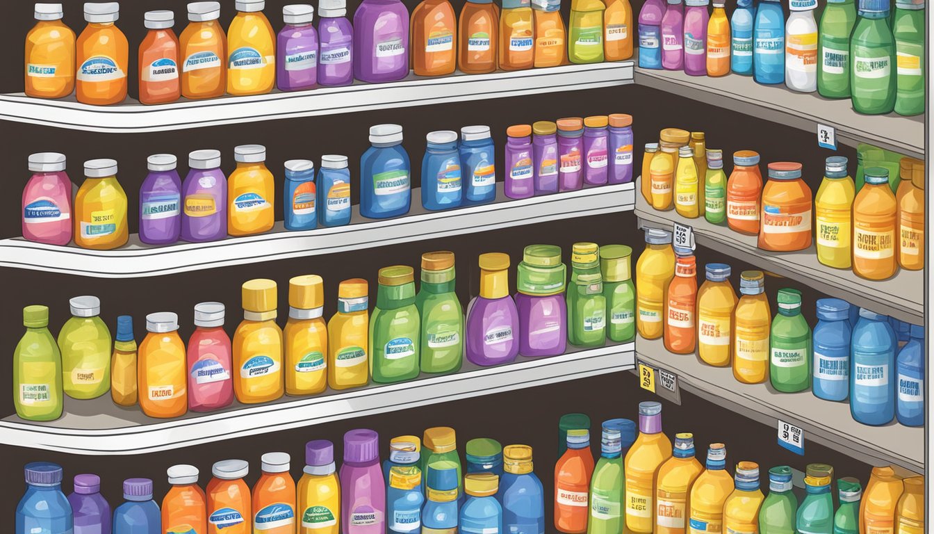 A colorful array of vitamin bottles on a shelf, with price tags and "affordable options" signage at a Walmart store