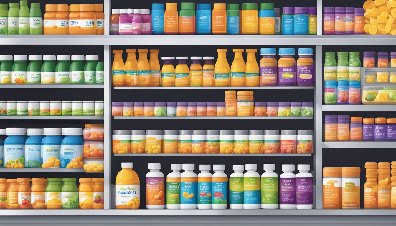 A colorful display of vitamin supplements at Walmart, showcasing affordable options for various health needs