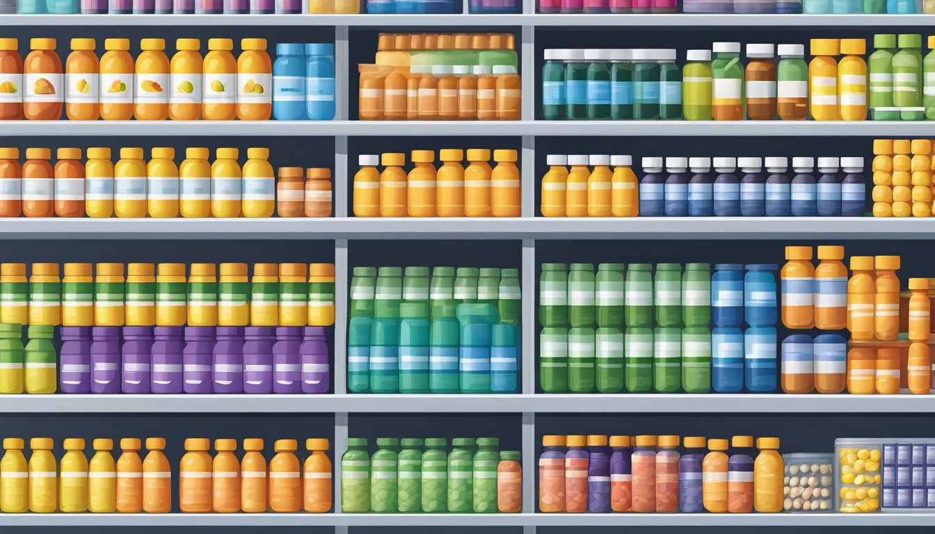 A colorful display of various vitamin supplements arranged neatly on shelves at Walmart, showcasing affordable options for a variety of health needs