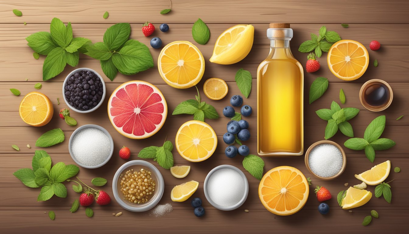 A variety of natural sweeteners arranged on a wooden table with fresh fruits and herbs scattered around