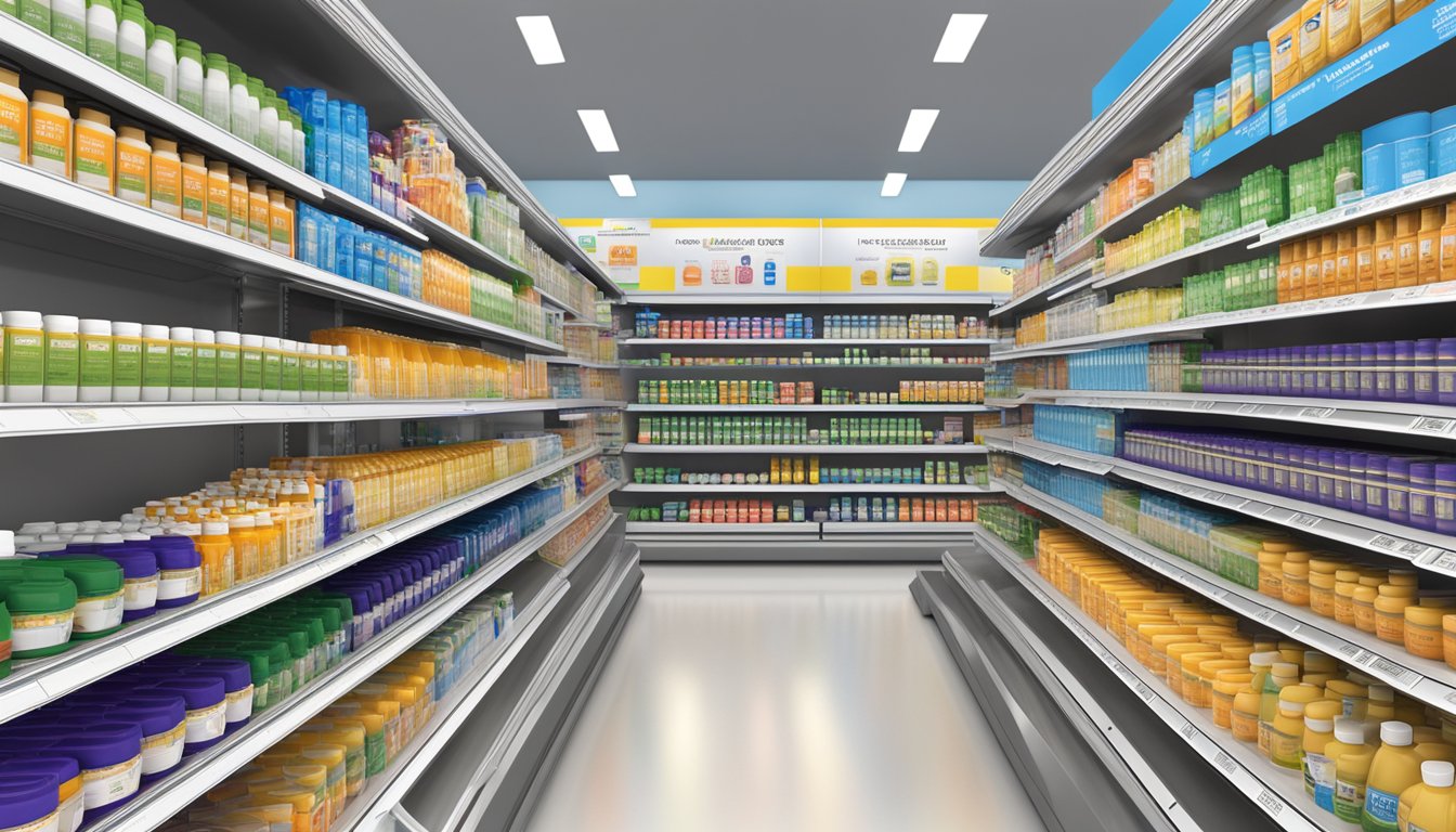 A well-stocked shelf of affordable vitamin supplements at Walmart, with clear safety and regulations information displayed