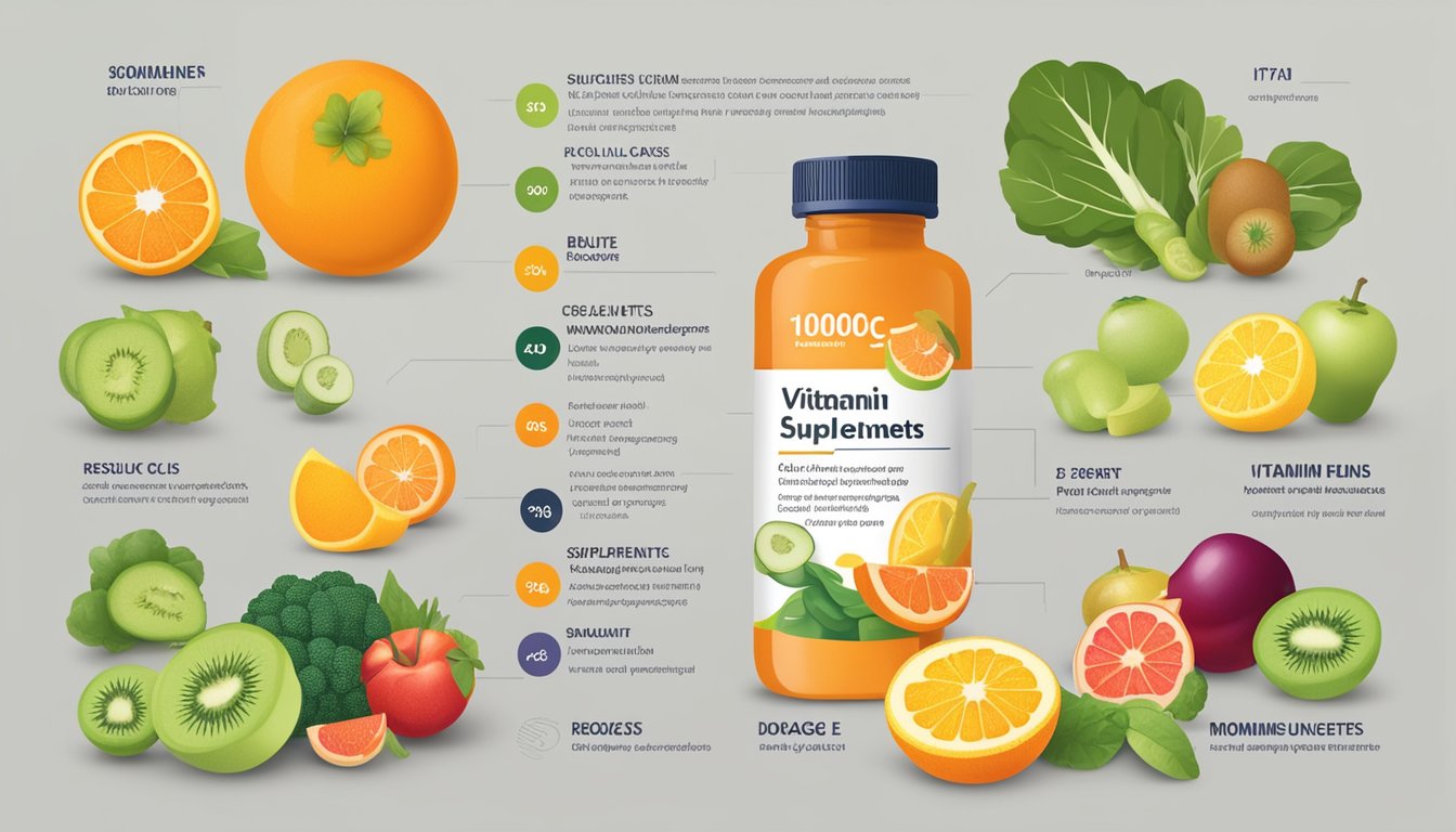 A bottle of 1000mg vitamin C supplements surrounded by various fruits and vegetables, with a chart showing recommended dosage and benefits