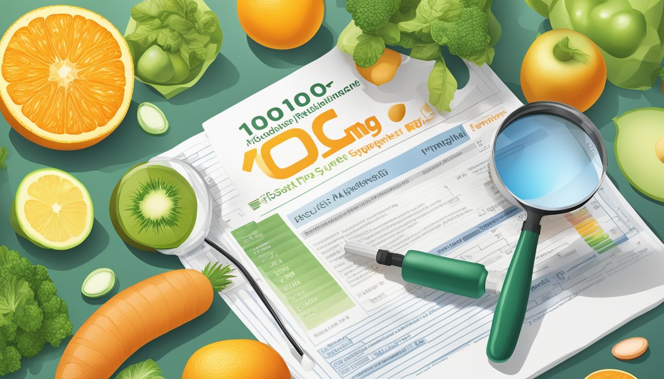 A bottle of 1000mg vitamin C supplements surrounded by fresh fruits and vegetables, with a magnifying glass and a scientific research paper in the background