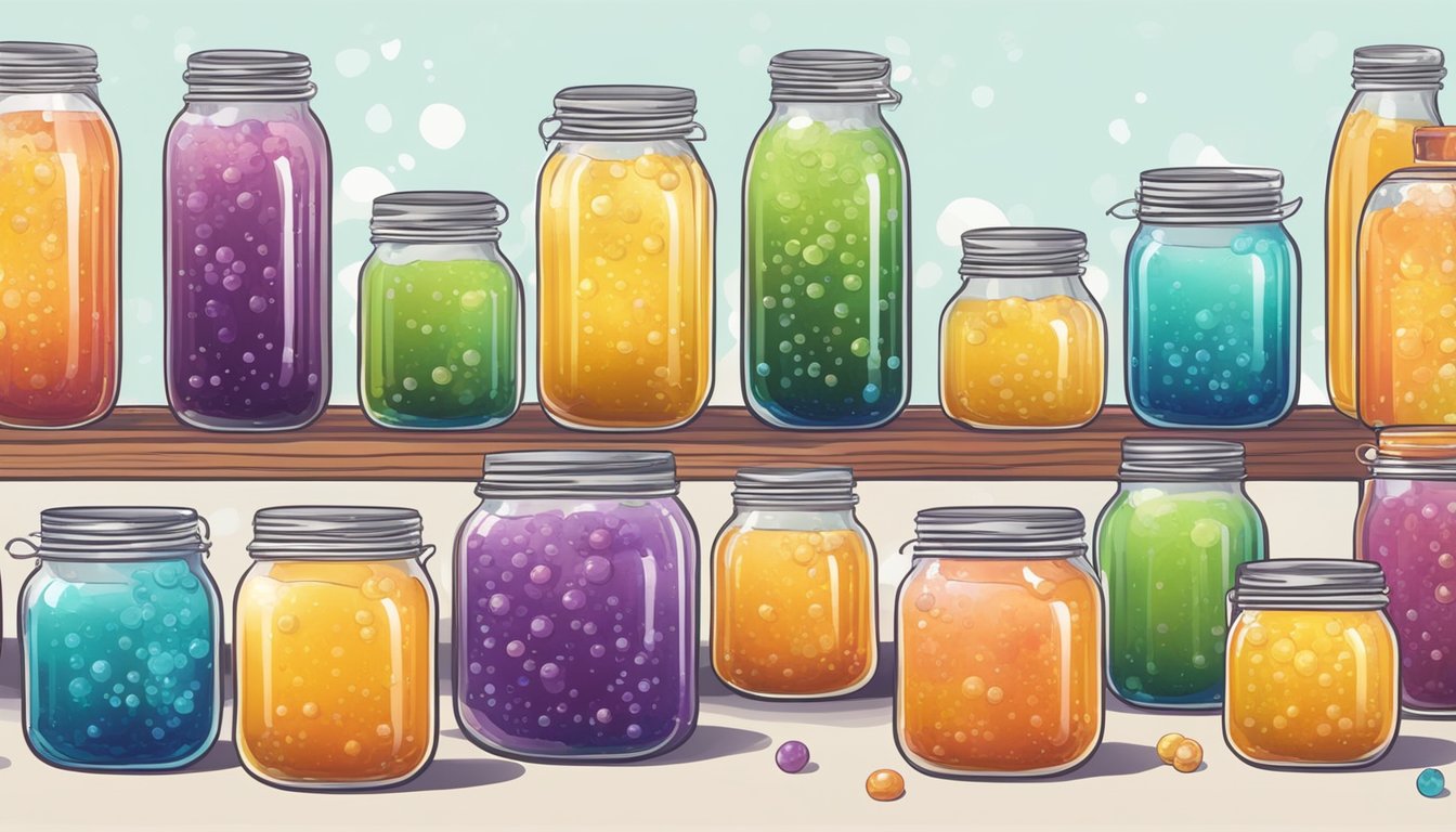 A glass jar of fermenting kombucha surrounded by colorful bottles of various flavors, with bubbles rising to the surface