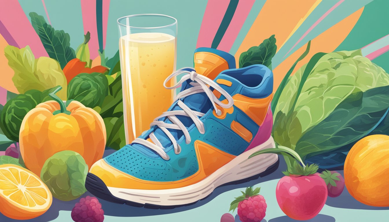 A glass of kombucha surrounded by colorful fruits and vegetables, with a tape measure and running shoes nearby