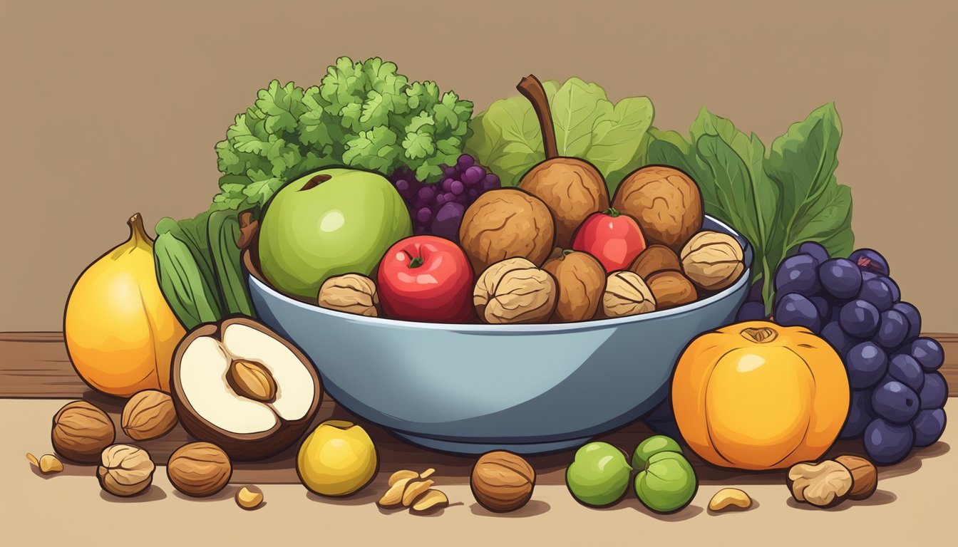 A bowl of walnuts surrounded by colorful fruits and vegetables on a wooden table