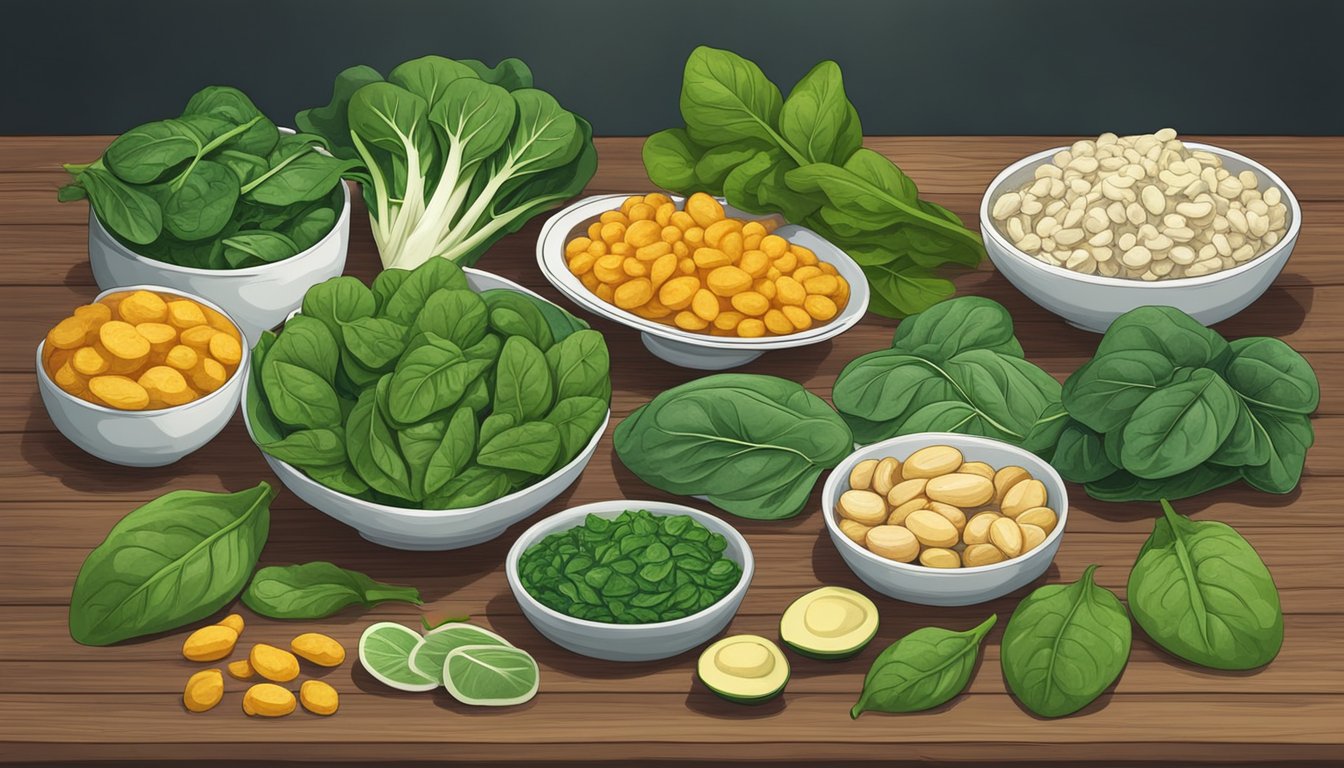 A colorful array of fresh spinach, along with nine other anti-inflammatory foods, arranged on a rustic wooden table