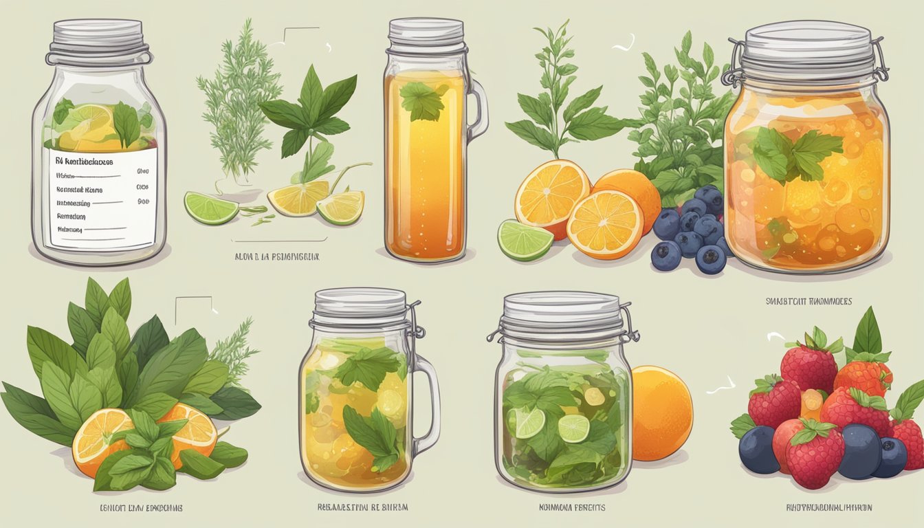 A glass jar filled with bubbling kombucha surrounded by various fruits and herbs, with a list of its nutritional composition and health benefits displayed nearby