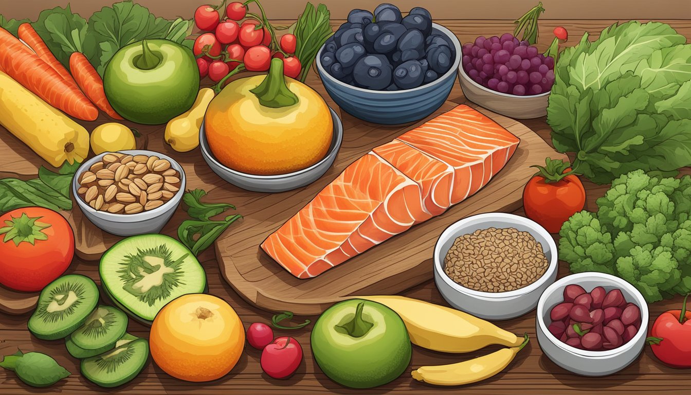 A variety of colorful fruits and vegetables arranged on a wooden cutting board, surrounded by fresh salmon fillets and a bowl of nuts and seeds