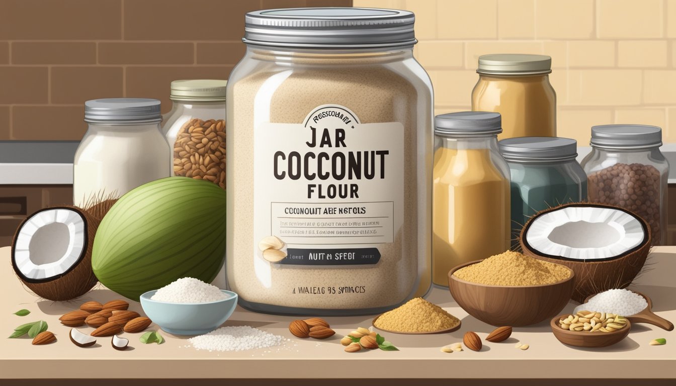 A jar of coconut flour surrounded by various paleo pantry staples and ingredients, including nuts, seeds, and spices, on a kitchen countertop