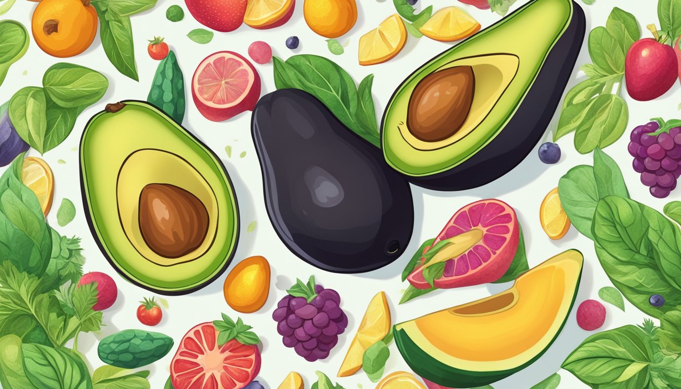 A vibrant avocado surrounded by colorful fruits and vegetables, with a glowing artery winding through the scene