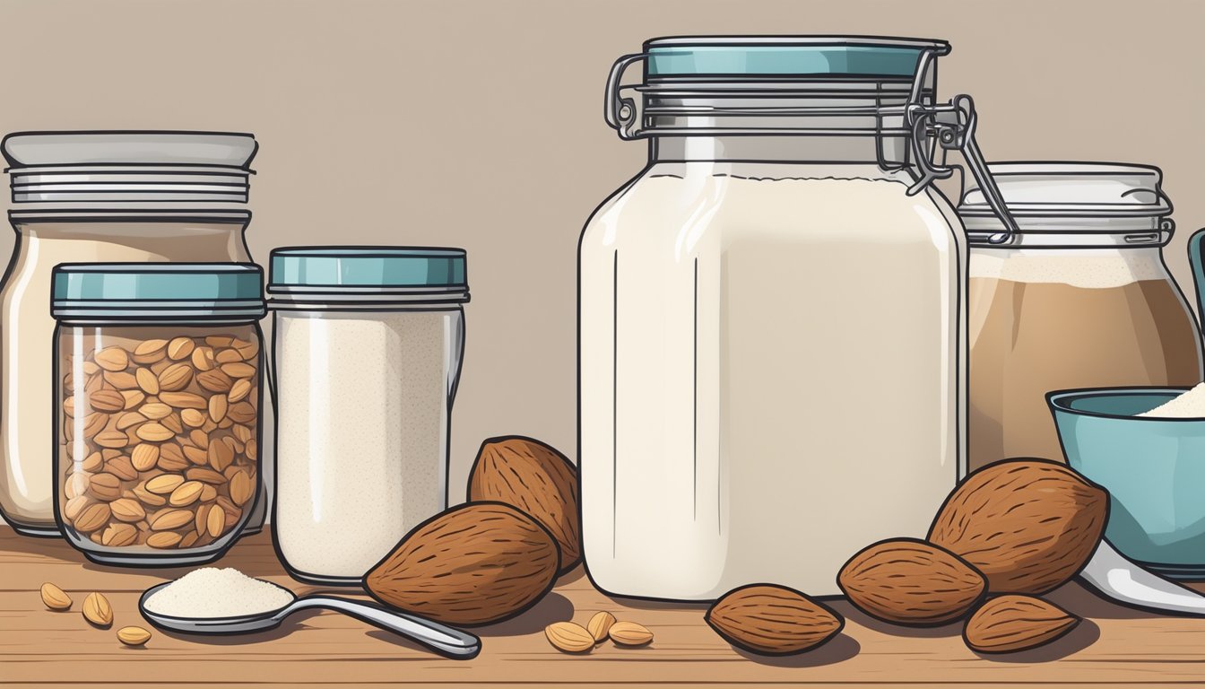 A jar of almond milk surrounded by 10 pantry staples, including nuts, seeds, and spices, with a blender and various cooking utensils nearby