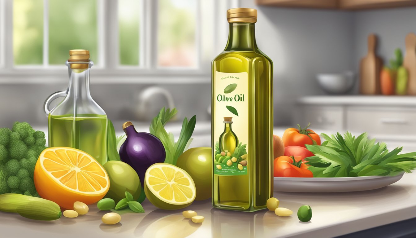 A clear glass bottle of olive oil surrounded by fresh vegetables and fruits, with a background of a clean, healthy kitchen