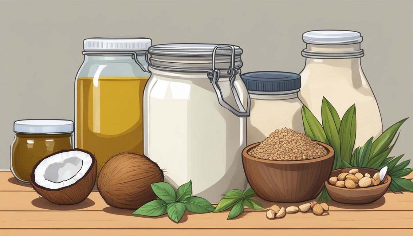 A jar of coconut oil next to various paleo pantry staples, such as nuts, seeds, and spices, arranged on a wooden countertop for cooking and baking