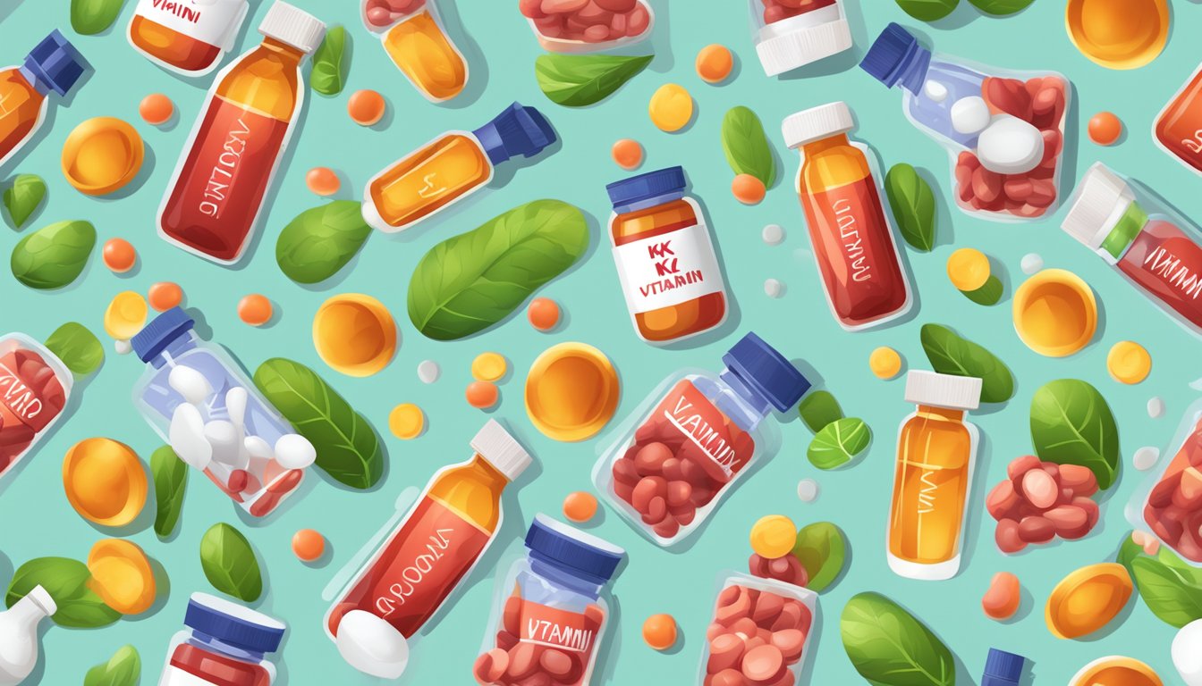 A bottle of vitamin K supplements surrounded by images of healthy blood cells and strong bones