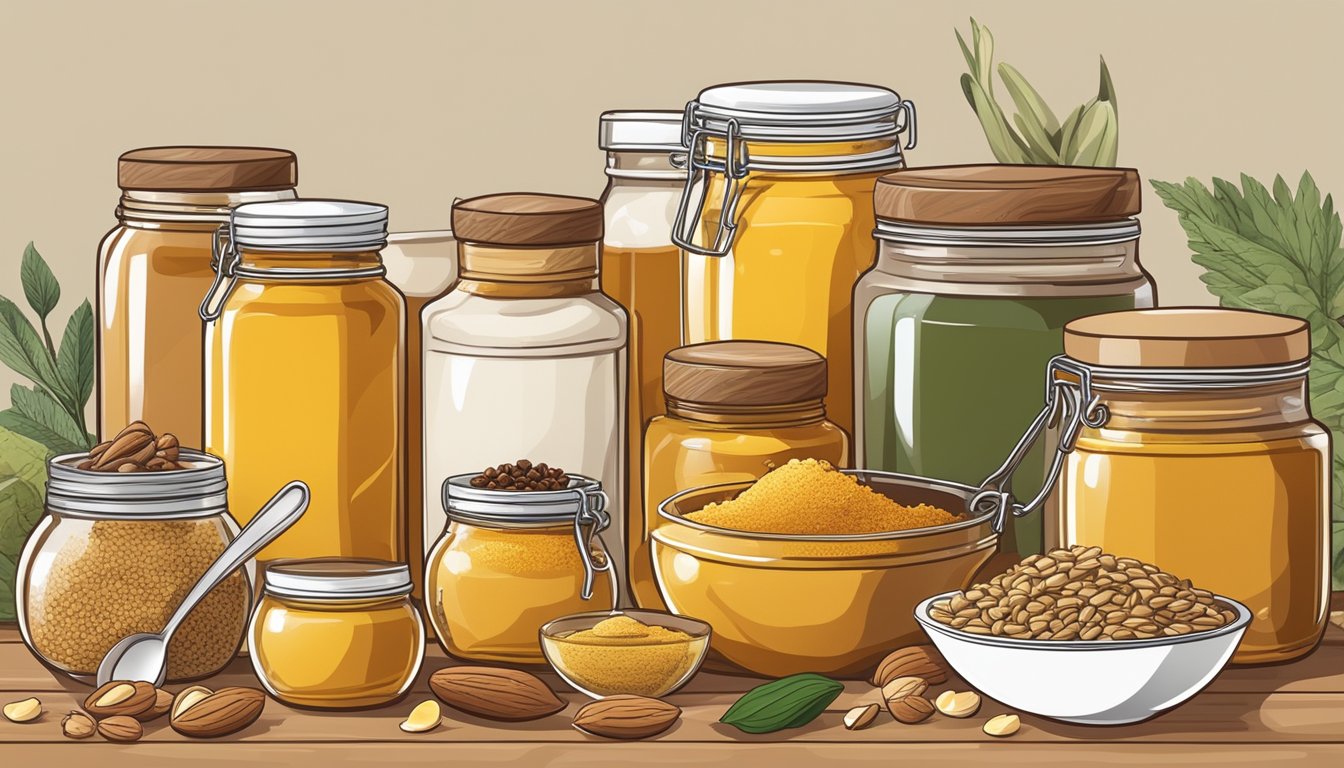 A jar of honey surrounded by 9 other pantry staples such as nuts, seeds, and spices, with various kitchen utensils and cooking ingredients in the background