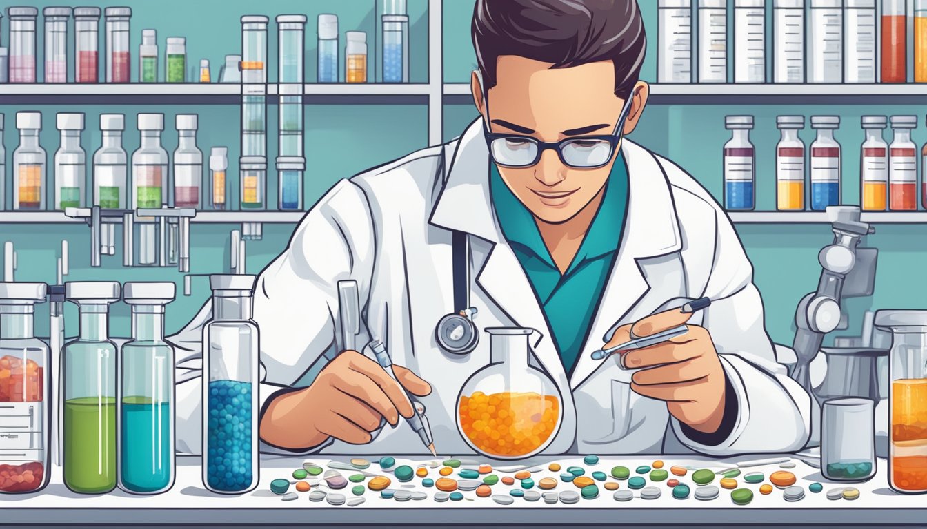 A laboratory technician carefully pipettes a small amount of blood into a test tube, surrounded by vials of vitamin K supplements and bone health charts