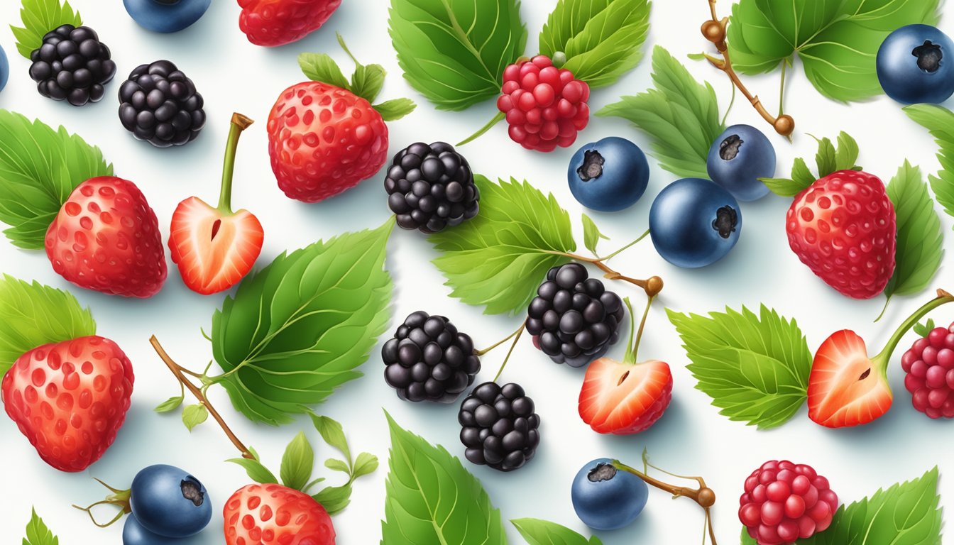 A vibrant assortment of berries arranged on a gleaming white surface, surrounded by fresh green leaves and small twigs