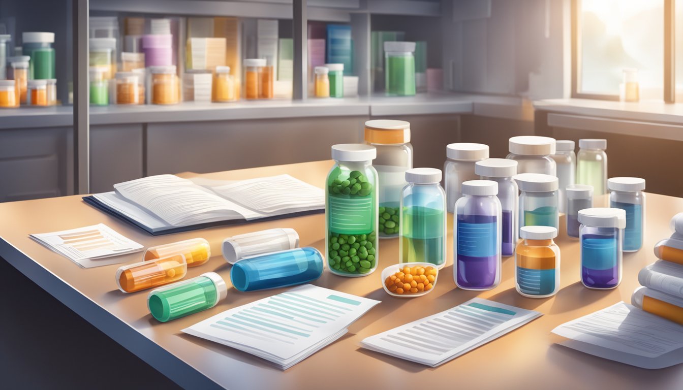 A laboratory table with various vitamin supplements in the spotlight, surrounded by research papers and health alert notifications