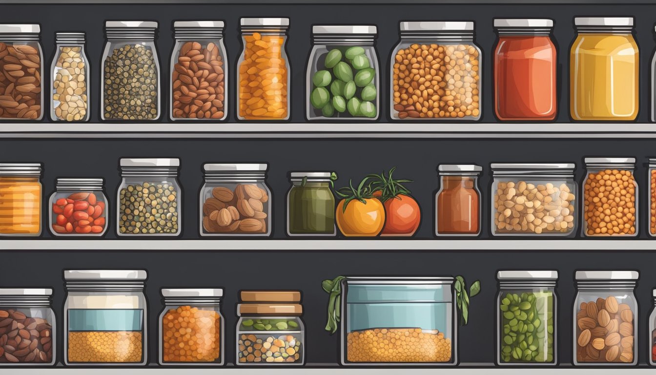 A well-stocked pantry shelf with neatly organized cans of tomatoes, alongside other paleo staples like nuts, seeds, and spices