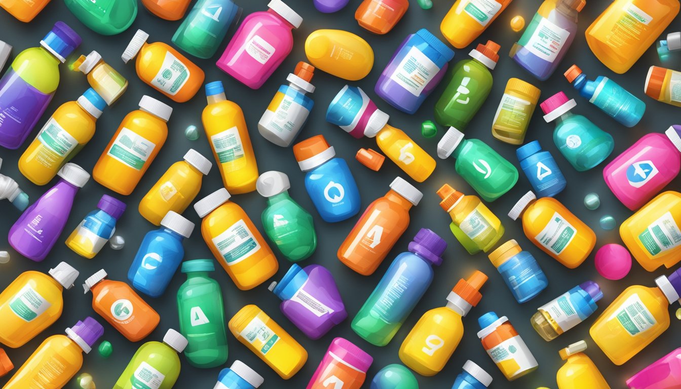 A colorful array of vitamin bottles surrounded by caution signs and alert symbols, with a spotlight shining on the latest breakthrough supplement