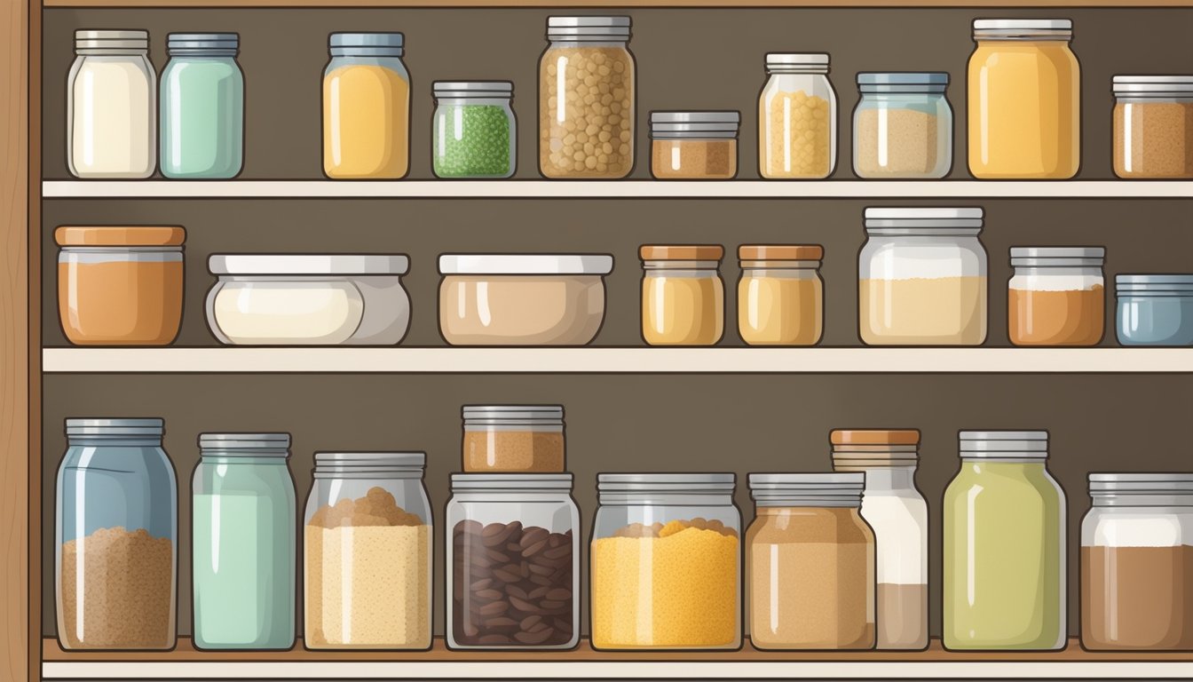 A well-stocked pantry with jars and containers of paleo staples like coconut flour, almond butter, and ghee, alongside fresh produce and cooking utensils