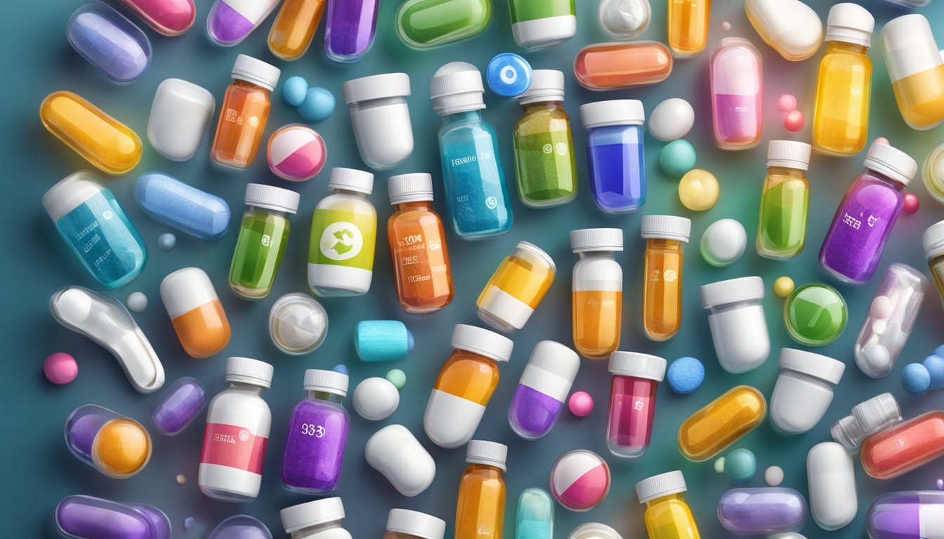 A colorful array of vitamin supplements arranged on a modern, sleek display, with a spotlight shining down on them, surrounded by images of breakthroughs and health alerts