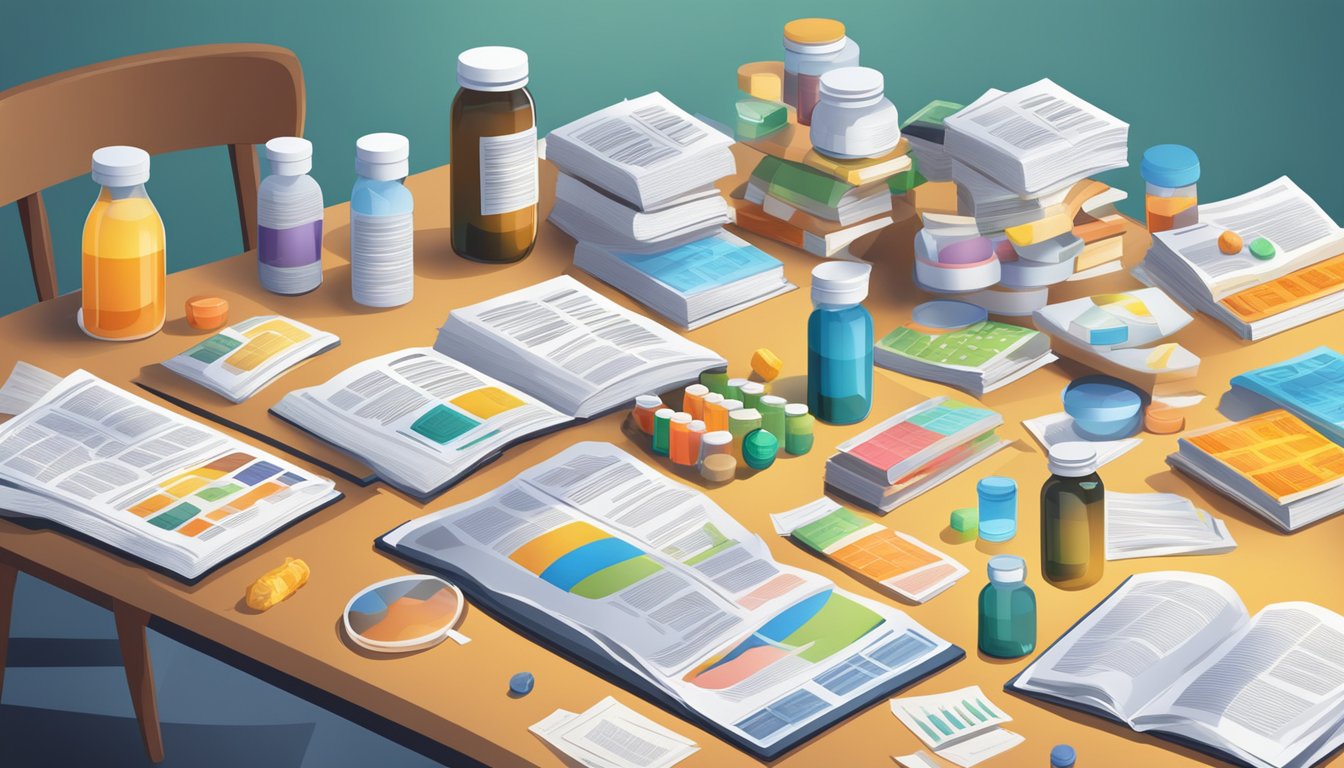 A table filled with various vitamin bottles, surrounded by scientific journals and news articles. A spotlight shines on the latest breakthroughs and health alerts