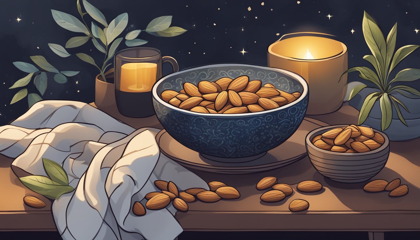 A serene nighttime scene with a bowl of almonds and six other sleep-inducing superfoods arranged on a table, surrounded by calming elements like a cup of herbal tea and a cozy blanket