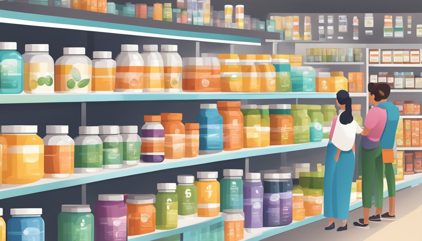 A bustling market with shelves of vitamin supplements, surrounded by signs of health trends and consumer behavior