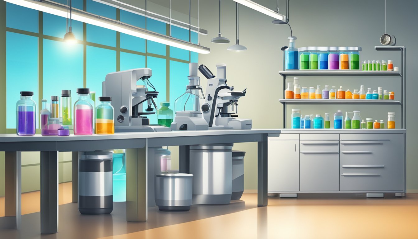 A laboratory setting with sustainable production equipment, vitamin supplement bottles in the spotlight, and health alert symbols displayed