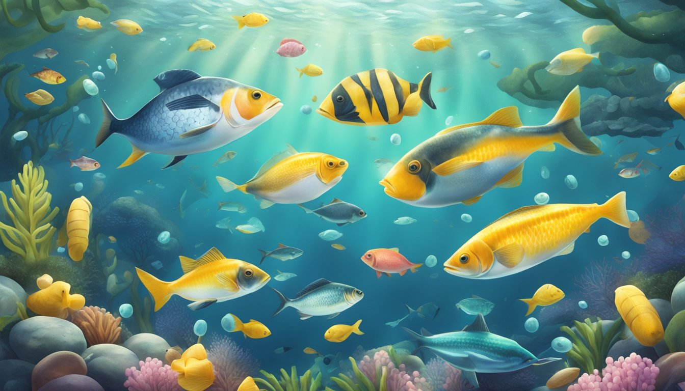 A serene underwater scene with a variety of fatty fish swimming peacefully among other sleep-inducing superfoods like bananas, cherries, and almonds