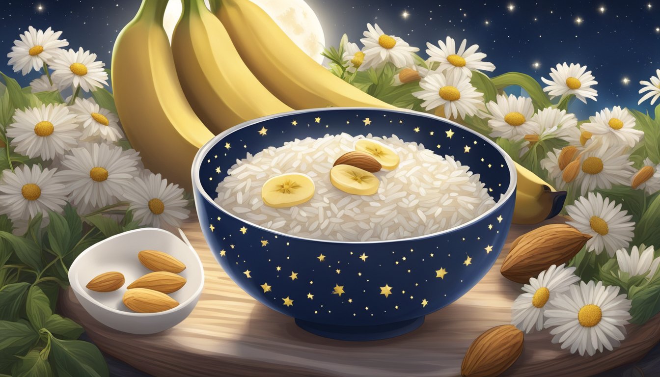 A bowl of white rice surrounded by chamomile, almonds, bananas, cherries, and oats under a starry night sky