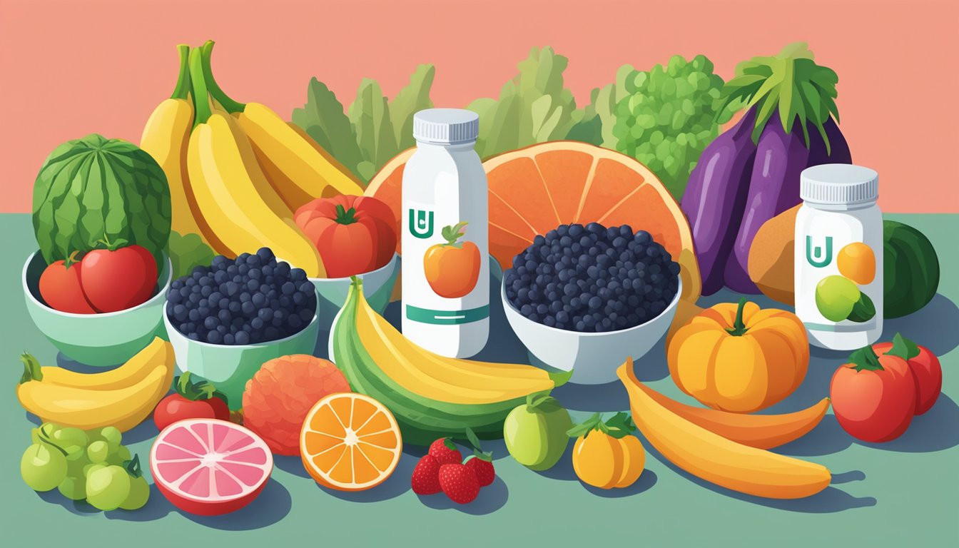 A colorful array of fresh fruits and vegetables arranged on a table, with a bottle of Vitamin U supplement placed prominently among them