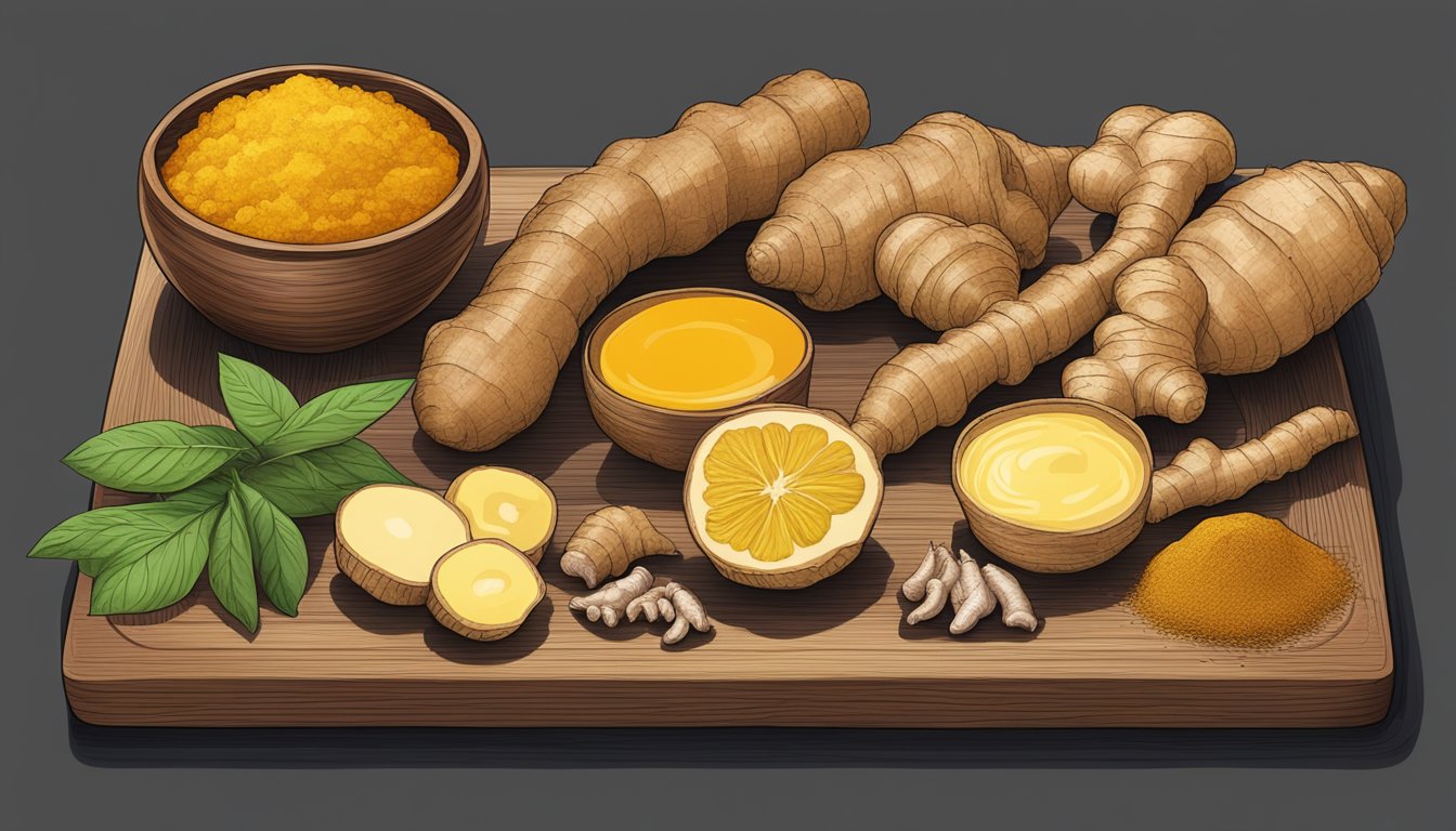 A variety of ginger root, turmeric, and other anti-inflammatory foods arranged on a wooden cutting board