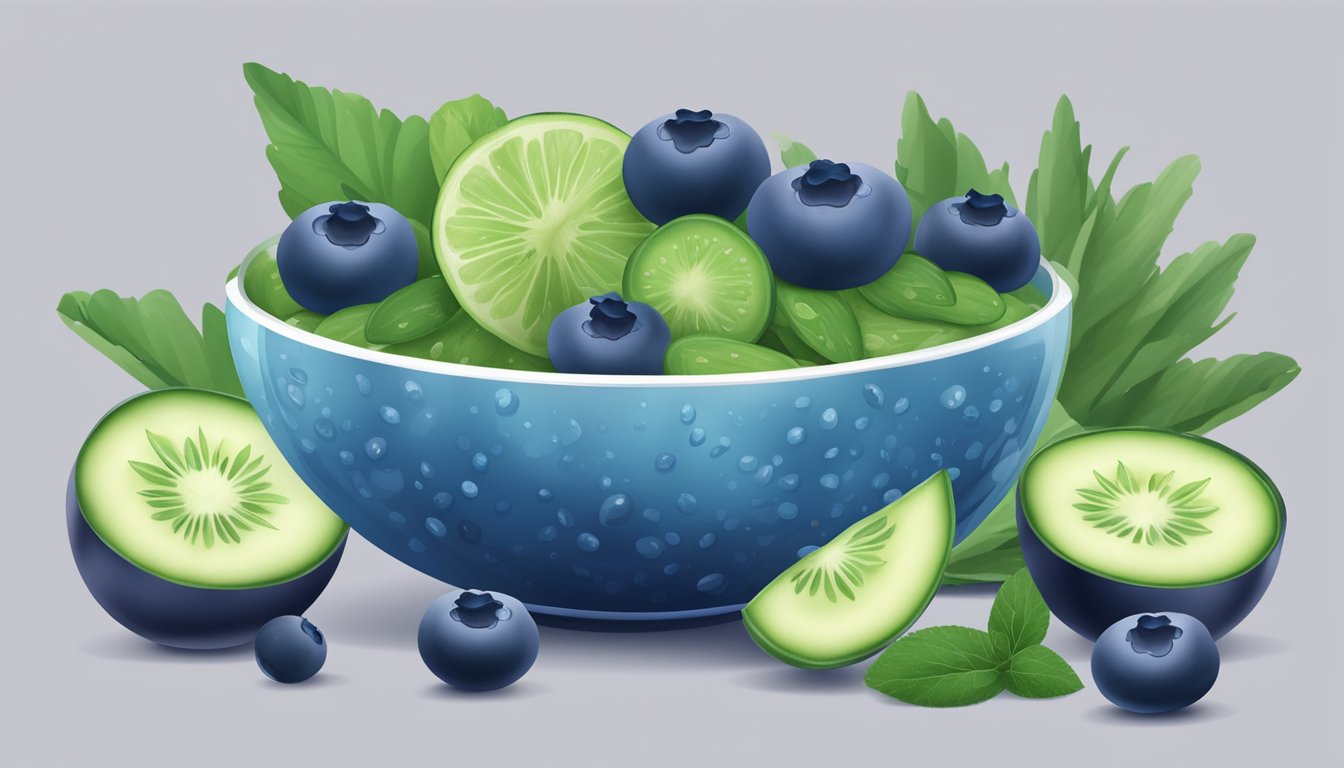 A bowl of fresh blueberries surrounded by soothing, anti-inflammatory ingredients like aloe vera and cucumber