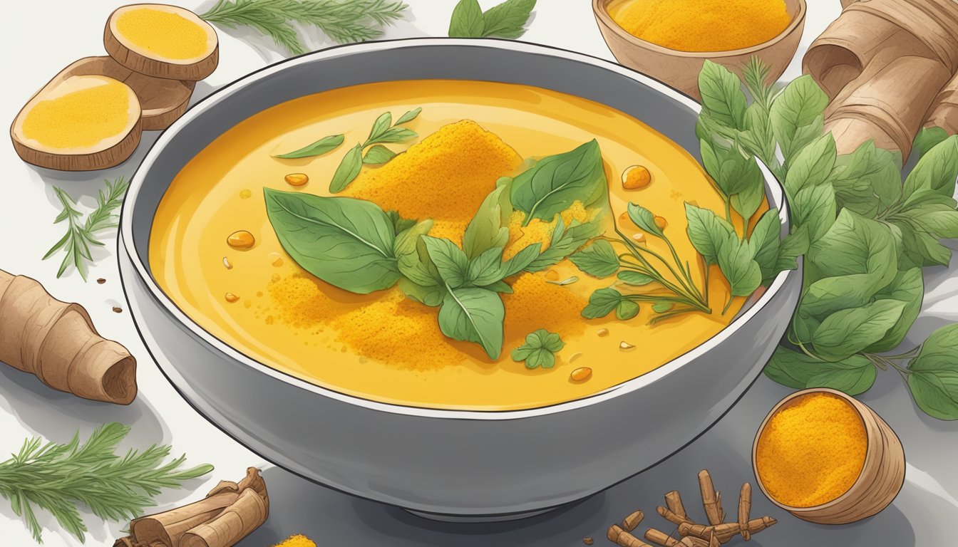 A bowl of turmeric-infused soup surrounded by soothing herbs and spices